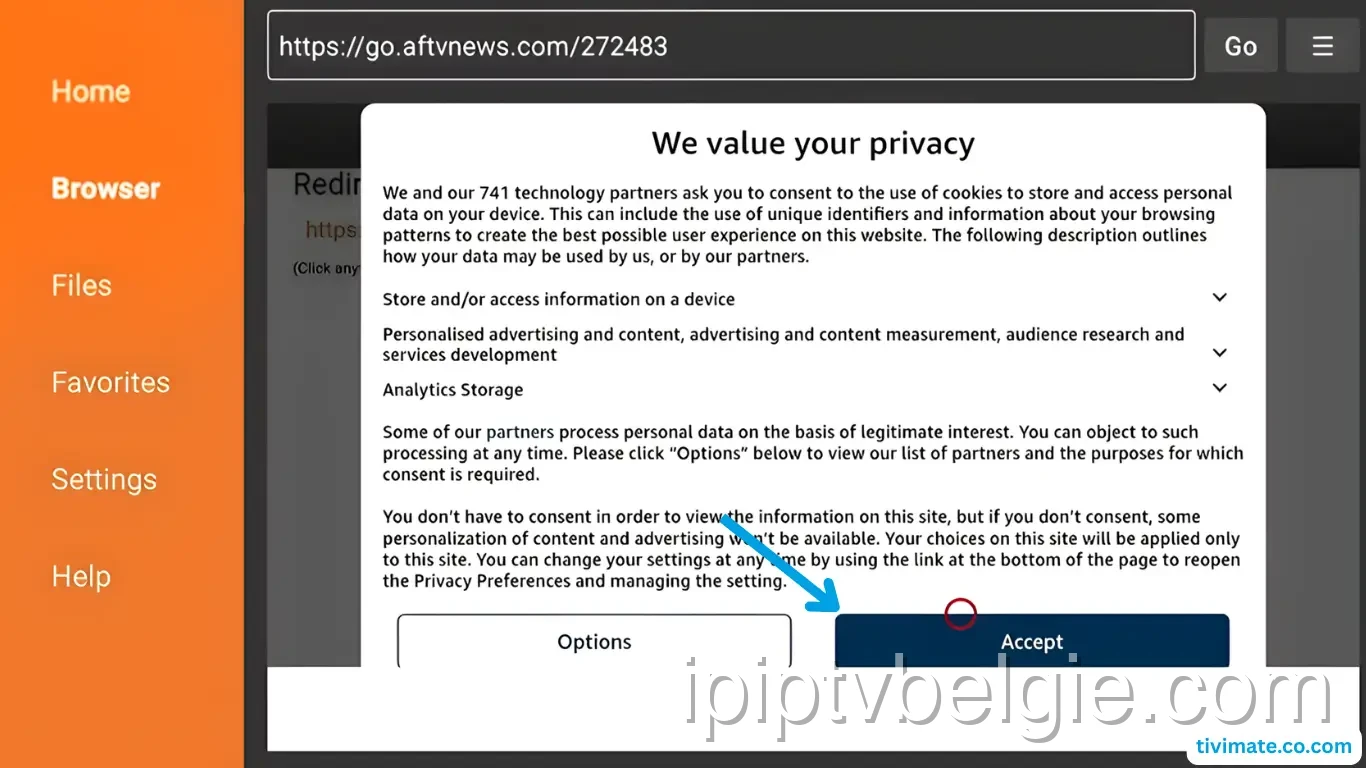 Accepteer de privacyprompt van Firestick AFTVnews om APK te downloaden