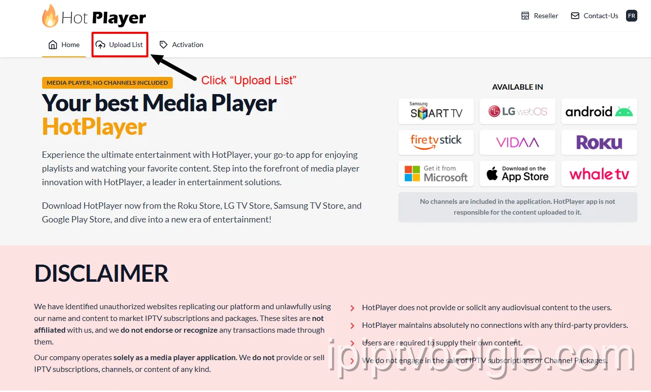 Klik op Lijst uploaden op HotPlayer.app