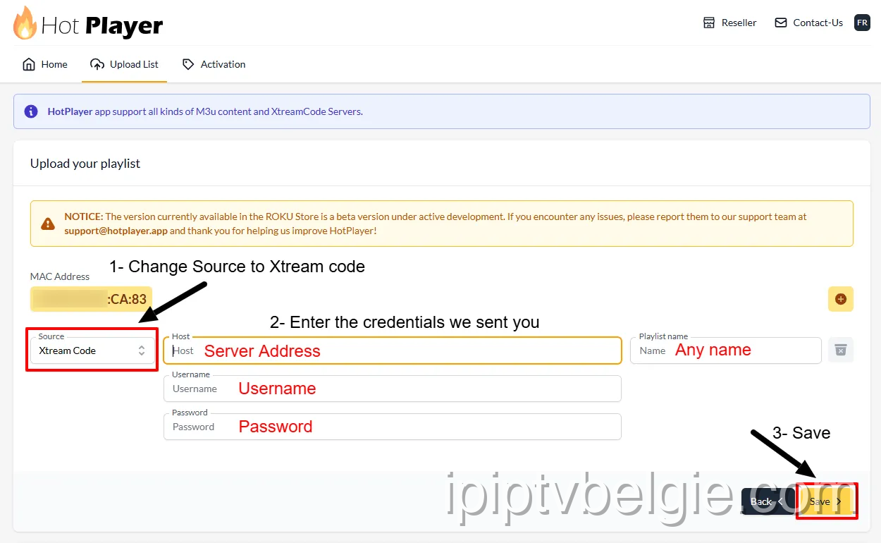 Voer Xtream-codes in op de HotPlayer-website